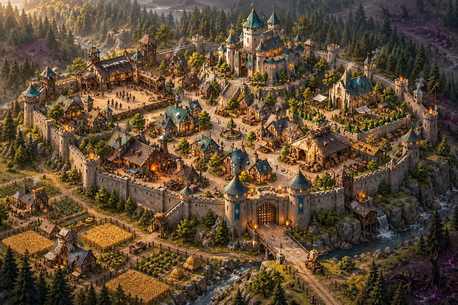 Concept art of a fortified Sunderward city, farms and walls