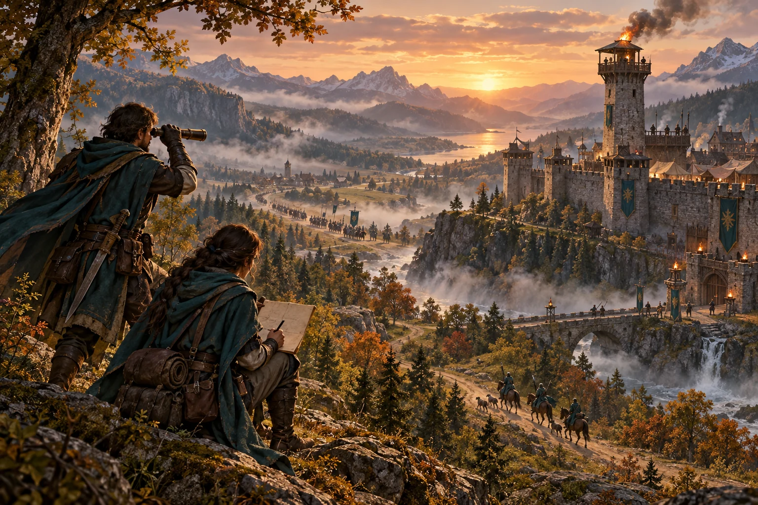 Scouts overlooking a watchtower and a distant city at sunset